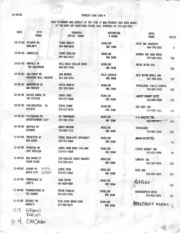 10/19/83 - 11/14/83 Tour Schedule