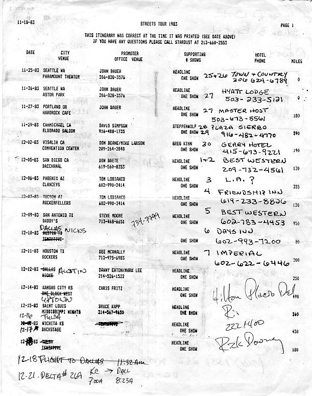 11/25/83 - 12/21/83 Tour Schedule