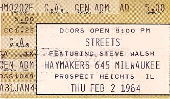 02/02/84 STREETS Ticket from the Haymakers in Prospect Heights, Illinois