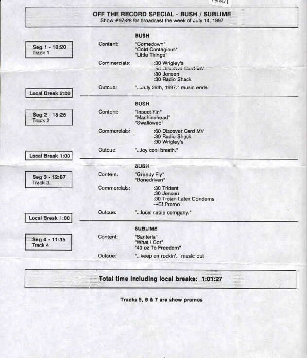 DJ's cue sheet that comes with the cd