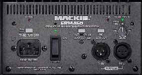 Controls on the rear of the Mackie high powered speaker system show gain/level control, timed turnoff, power switch, contour, and low cut buttons, and balanced input and through!