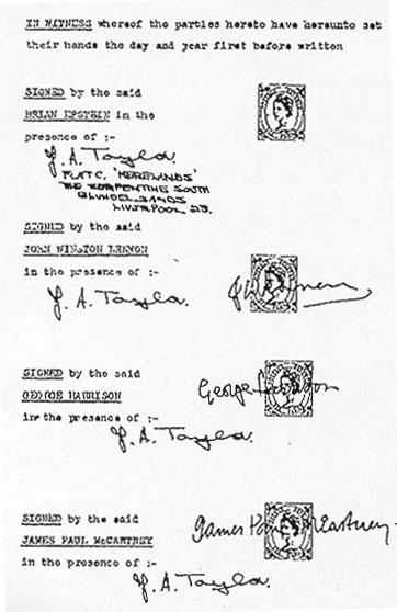 John, George and Paul's contract with Mr Epstein witnessed by Alistair Taylor.  Note the lack of Epstein's signature.  He had intended to give the Beatles legal freedom.