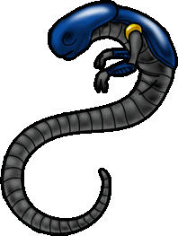 [ Blue-black Rass, male hatchling xeno-Hathian burster; image © Dracothrope of SCD ]