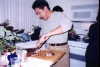 Hajime cutting the over cooked beef