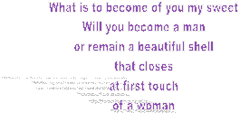 What is to become of you my sweet
Will you become a man
or remain a beautiful shell
that closes
at first touch
of a woman