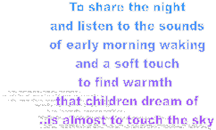 To share the night
and listen to the sounds
of early morning waking
and a soft touch
to find warmth 
that children dream of
..is almost to touch the sky