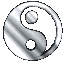 A 3-D silver ying-yang symbol is shown over three colors and in a spin