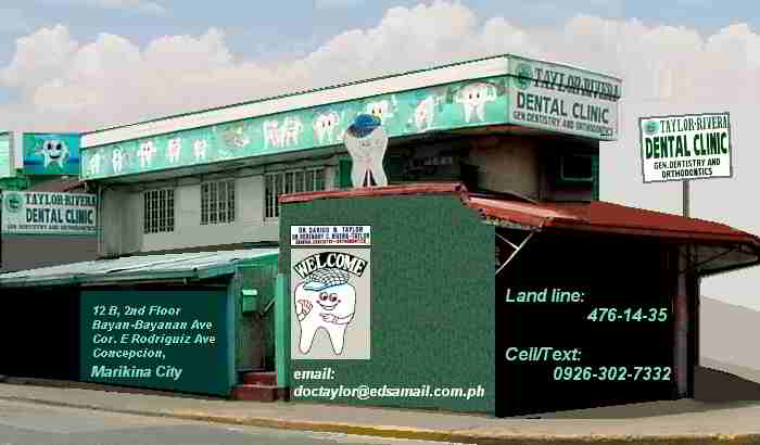 Taylor-Rivera Dental Clinic. The clinic at 12B, 2nd Floor, Bayan-Bayanan Avenue (Corner E. Rodriguis Avenue), Concepcion, Marikina City, Philippines