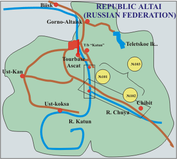 ["Ascat" Ltd (Mountain Altai, Russia)- scheme of the water trials in the Mountain Altai]