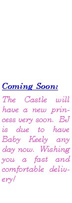 Text Box: Coming Soon:The Castle will have a new princess very soon.  BJ is due to have Baby Keely any day now.  Wishing you a fast and comfortable delivery! 