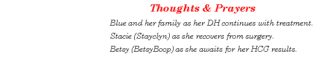Text Box: Thoughts & Prayers 	Blue and her family as her DH continues with treatment.	Stacie (Stayclyn) as she recovers from surgery.	Betsy (BetsyBoop) as she awaits for her HCG results.