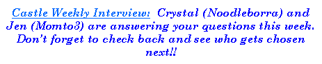 Text Box: Castle Weekly Interview:  Crystal (Noodleborra) and Jen (Momto3) are answering your questions this week.  Dont forget to check back and see who gets chosen next!! 