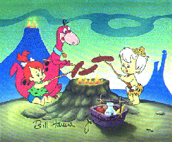 Bam-Bam, Pebbles & Dino roasting hot dogs