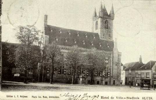 Postkaart van het oorspronkelijk belfort in Sluis