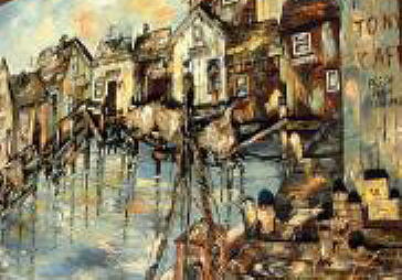 A huge, spectacular, 3-D painting, with a dark wood stained 3" frame. Framed Size: 34x54. Painting and frame are both in excellent condition. Artist used bits of burlap, cork, irridescent plastic for the windows, and scrap wood for the little stores and shops (Tony's Fresh Fish Dinners), for wonderful effects. "Vasile," was probably a commercial artist, as this painting looks like it might have been commissioned by a restaurant to hang in their entryway.