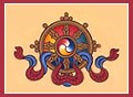 The golden wheel symbolises the auspiciousness of the turning of the precious wheel of Buddha's doctrine, both in its teachings and realizations, in all realms and at all times, enabling beings to experience the joy of wholesome deeds and liberation.