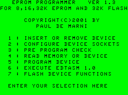 Screen shot of eprom programmer menu
