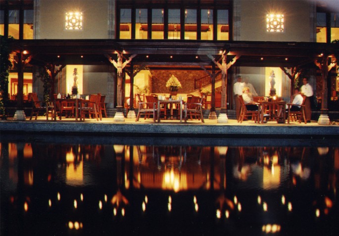 Exterior night view of Main Restaurant block of Le Meridien Hotel, Bali