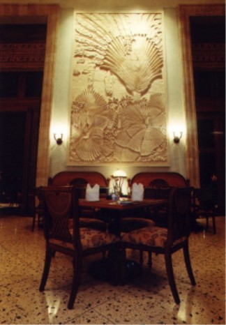 View of 5.5 metre high stone wall carving in Main Restaurant