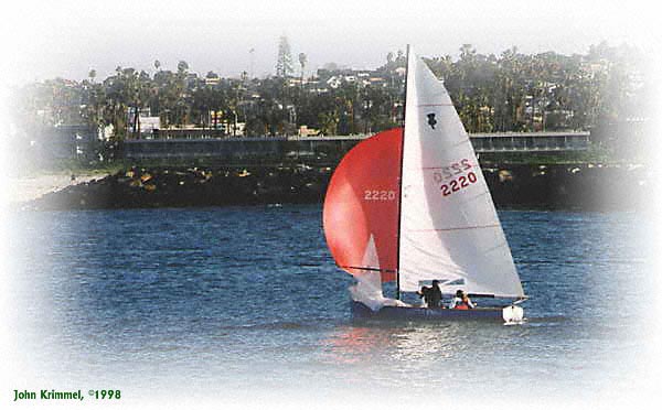 Sailing back into Mission Bay at Thistle Midwinters West, 1998