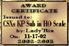 LadyRia Award Certificate