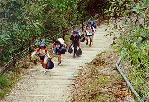 TICK members carrying trash down.