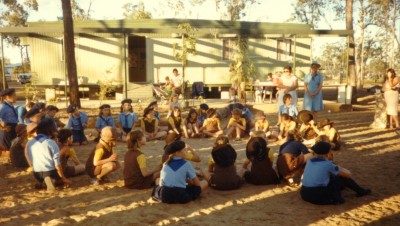 Brownies and Guides after the Opening Ceremony 1985