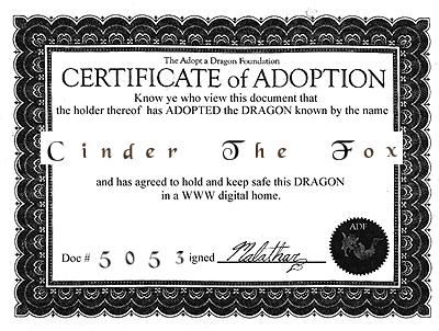 Adoption Certificate for Cinder The Fox