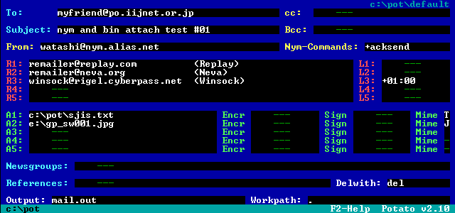 Preparing a nym message using Potato