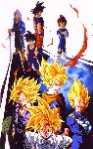 Trunks, Gohan, Gok y Vegeta en SSJs con sus estados normales al fondo