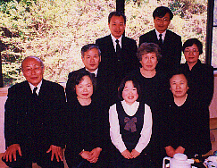 1st row: My father (eldest son, chief mourner), Mihoko Oba-san (3rd daughter), 
Emi (youngest grandchild), Tomiko Oba-san (eldest daughter).
2nd row: Takeo Oji-san (3rd son), Sachiko <I>Oba-san (2nd daughter), Michiko Oba-san.
3rd row: Toshinobu Oji-san (2nd son and husband of Michiko Oba-san), me (eldest grandson).