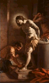 Caravaggio: The Flagellation of Christ (1607) exemplifies Caravaggio's exaggerated use of chiaroscuro (dark and light tones) to produce dramatic effects. He sought realism in the depiction of human figures, and used as models people from the slums and lower classes
