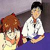 Shinji smiling while Asuka fumes