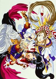 Goddesses in a circle left to right Urd, Belldandy and Skuld