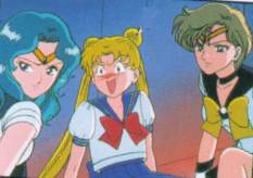 Sailor Uranus, Neptune and Usagi looking at Sailor Moon.