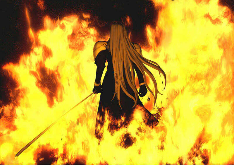 Sephiroth walking among leaping flames