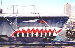 The nose of the U.S.S. Torsk, decorated to look like a shark.
