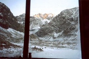 Wake up in the morning to spectacular scenery from the frosted hut window.