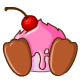 Lashings of strawberry icing poured over a fluffy strawberry sponge cake, topped off with chocolate feet and a cherry.