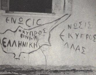 A wall grafitti depicting "Cyprus+Greece+Enosis" Enosis means union with Greece.