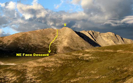 The summit of Mt Evans with a view of the NE face descent route