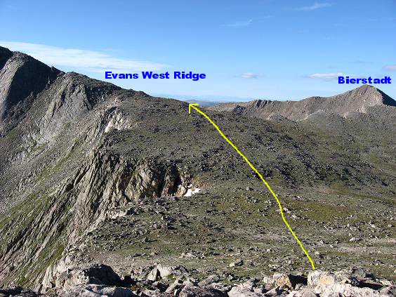 View of the Mt Evans west ridge and Mt Bierstadt from the summit of Mt Spalding