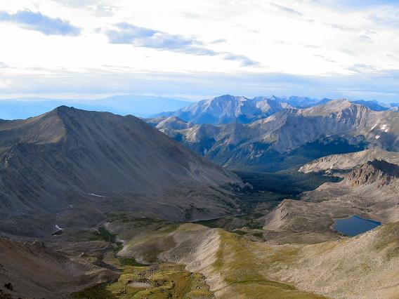 Looking back down the basin from the upper slopes of Mt Harvard, Mt Columbia on the left and Bear Lake on the right and Mt Yale in the distance in line with Bear Lake