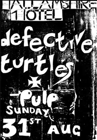 Flier for Pulp at the Hallamshire, Sheffield, August 31, 1980 - at which time the band consisted of Jarvis, Peter Dalton, Philip Thompson and Jimmy Sellars.  Thanks to Marek Pryjomko for the scan.