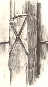 Stiepel in het hallehuis uit 1717 van het klooster Frenswegen bij Nordhorn. Ongeschilderd eikehout. Ingekerfd maalkruis. Getekend in 1957.