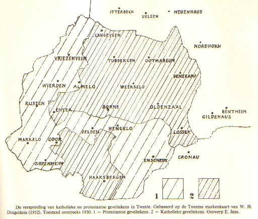 De verspreiding van katholieke en protestantse geveltekens in Twente omstreeks 1930. Gebaseerd op de Twentse markenkaart van W.H. Dingeldein (1952). 1 = Protestantse geveltekens. 2 = Katholieke geveltekens. Ontwerp E. Jans.