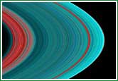 Imagen ultravioleta (coloreada) tomada por la sonda Cassini del anillo A de Saturno. El anillo en su borde interior comienza con una amplia zona roja de material poco denso y termina en su exterior con zonas de elevada densidad (azul turquesa) compuestas principalmente de agua y amonaco congelados. La regin roja del extremo derecho de la fotografa corresponde a una regin anular de 325 kilmetros de ancho, principalmente vaca, denominada la brecha de Encke.
