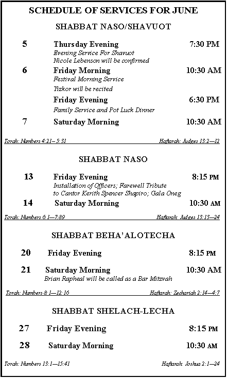Text Box: SCHEDULE OF SERVICES FOR JUNESHABBAT NASO/SHAVUOT	5	Thursday Evening	7:30 PM  		Evening Service For Shavuot		Nicole Lebenson will be confirmed	6	Friday Morning	      10:30 AM	Festival Morning Service	Yizkor will be recited	Friday Evening	6:30 PM	Family Service and Pot Luck Dinner 	7	Saturday Morning       	10:30 AM			Torah: Numbers 4:21 5:31 	Haftarah: Judges 13:212SHABBAT NASO                   13	Friday Evening              	8:15 PM   	Installation of Officers; Farewell Tribute 	to Cantor Kerith Spencer Shapiro; Gala Oneg           14         Saturday Morning      	10:30 AM                                		                        Torah: Numbers 6:17:89	 Haftarah: Judges 13:1324 SHABBAT BEHAALOTECHA                 20       Friday Evening                   	8:15 PM	       21      Saturday Morning 	10:30 AM	Brian Rapheal will be called as a Bar Mitzvah			  Torah: Numbers 8:112:16	Haftarah: Zechariah 2:144:7SHABBAT SHELACH-LECHA       27	Friday Evening		8:15 PM          28         Saturday Morning	10:30 AM	               Torah: Numbers 13:115:41	 Haftarah: Joshua 2:124