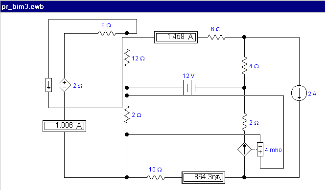 Las ecuaciones para este problema (si numeras las mallas de izquierda a derecha, y considerando como malla tres la inferior) son:

22 J1  - 12  J2  - 2  J3 =  2 Ix      ec 1
-12  J1  + 22  J2    -   4 J4   =   12                  ec 2
-2    J1  + 14 J3   -   2  J4   =  - 122 - D1      ec 3
 - 4    J2  -   2  J3   +  6  J4   =  - D2 + D1     ec 4
Adicionales por fuente:
 -  J3   +  J4           =  4 Vx   ec 5
 J4           =  2                ec 6
Adicionales por variable:
 J 2        =  Ix        ec 7
2  J1    - 2 J3   = Vx   ec 8

Reduciendo se llega a tres x tres:
22  J1   -  14  J2  -  2  J3  =  0  ec   1,7
-12 J1        +  22 J2        = 20  ec  2,6
-8  J1       + 7 J3       =  - 2 ec 5,  6, 8

La solucin es de : J1 =  1.01 Amperes, J2 = 1.46 Amperes, J3 = 0.86 Amperes.