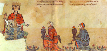 Miniatura rom�nica : Federico II, "De arte venandi cun avibus". Escuela de la Italia meridional, s.XIII. Biblioteca Vaticana, Ms. Pal. Lat. 1071, c. 1 v. Federico II hace recomendaciones a dos halconeros.